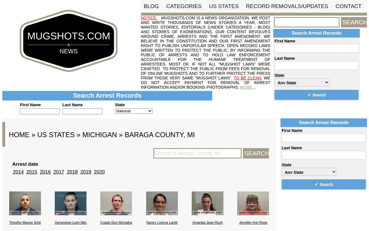 Unofficial historical Baraga County mugshot record index