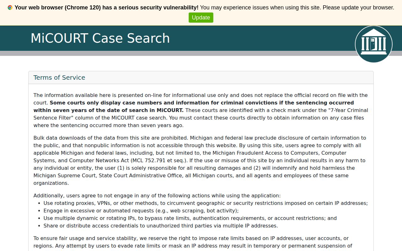 MiCOURT Baraga County arrest case and disposition search
